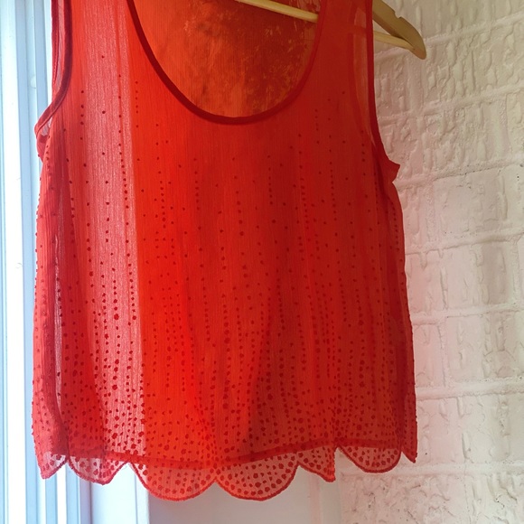Sheer beaded red/orange top w/scalloped edge - Picture 2 of 5